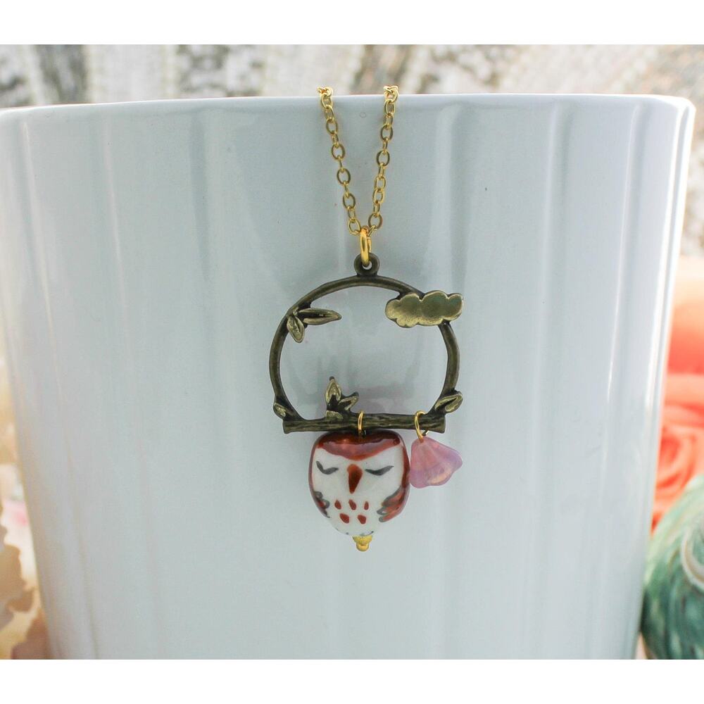 Handmade Porcelain Owl Pendant Necklace Bronze Branch Cloud Skyline Kawaii Charm